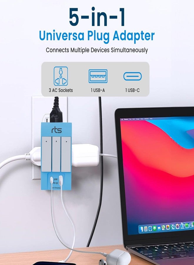 rts مقبس متعدد الأطراف ثلاثي الأطراف من RTS - محول سفر عالمي مزود بمنافذ USB ومنفذ Type-C PD ومفتاح أمان فردي ومؤشر LED - مقبس ثلاثي الاتجاهات (5 أمبير - 250 فولت) من النوع D للمنزل والمكتب - أزرق - Image 2